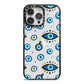 Evil Eye Protection Pattern iPhone 14 Pro Max Black Impact Case on Silver phone