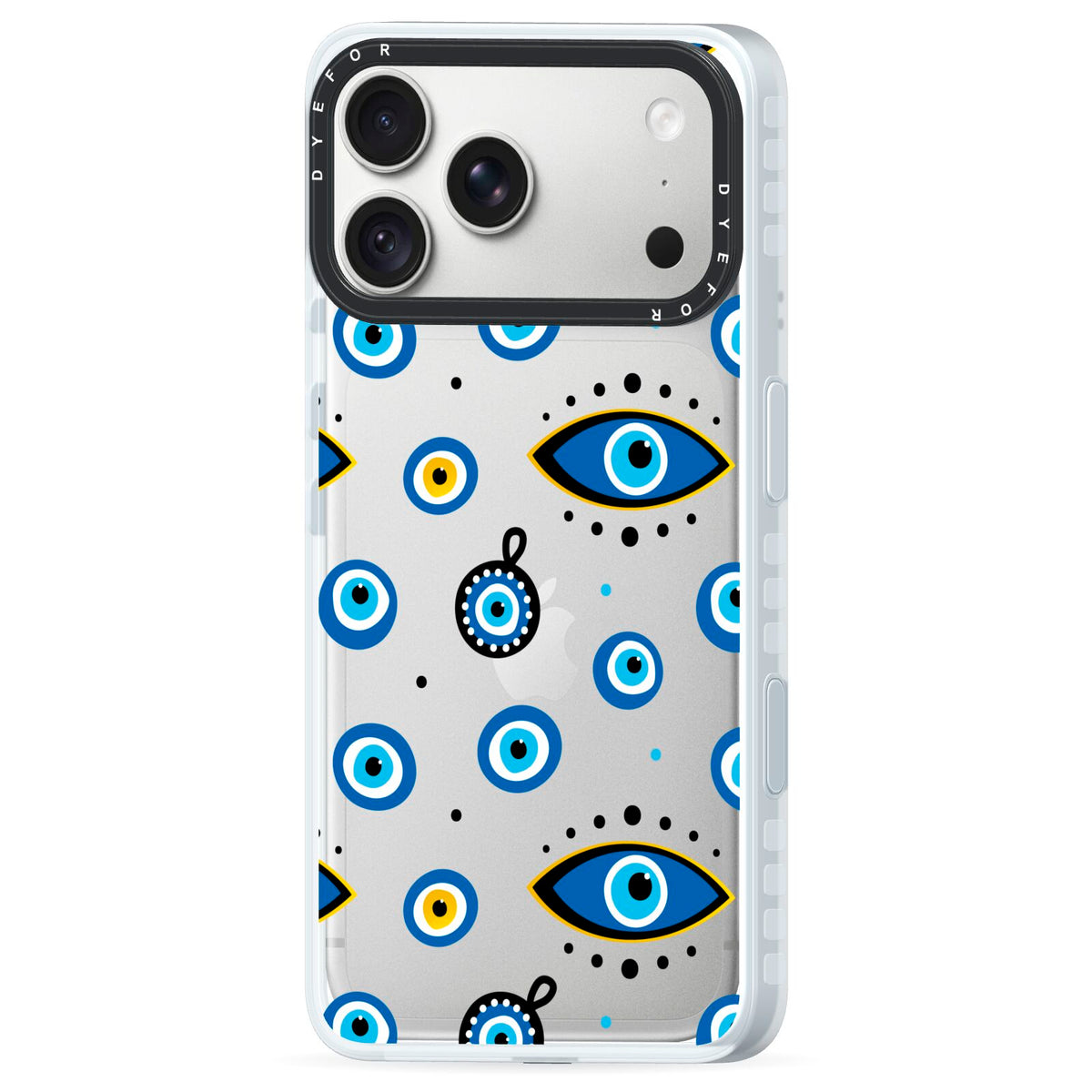 Evil Eye Protection Pattern iPhone 18 Pro Black Impact Pre order Case Side Angle on Silver phone