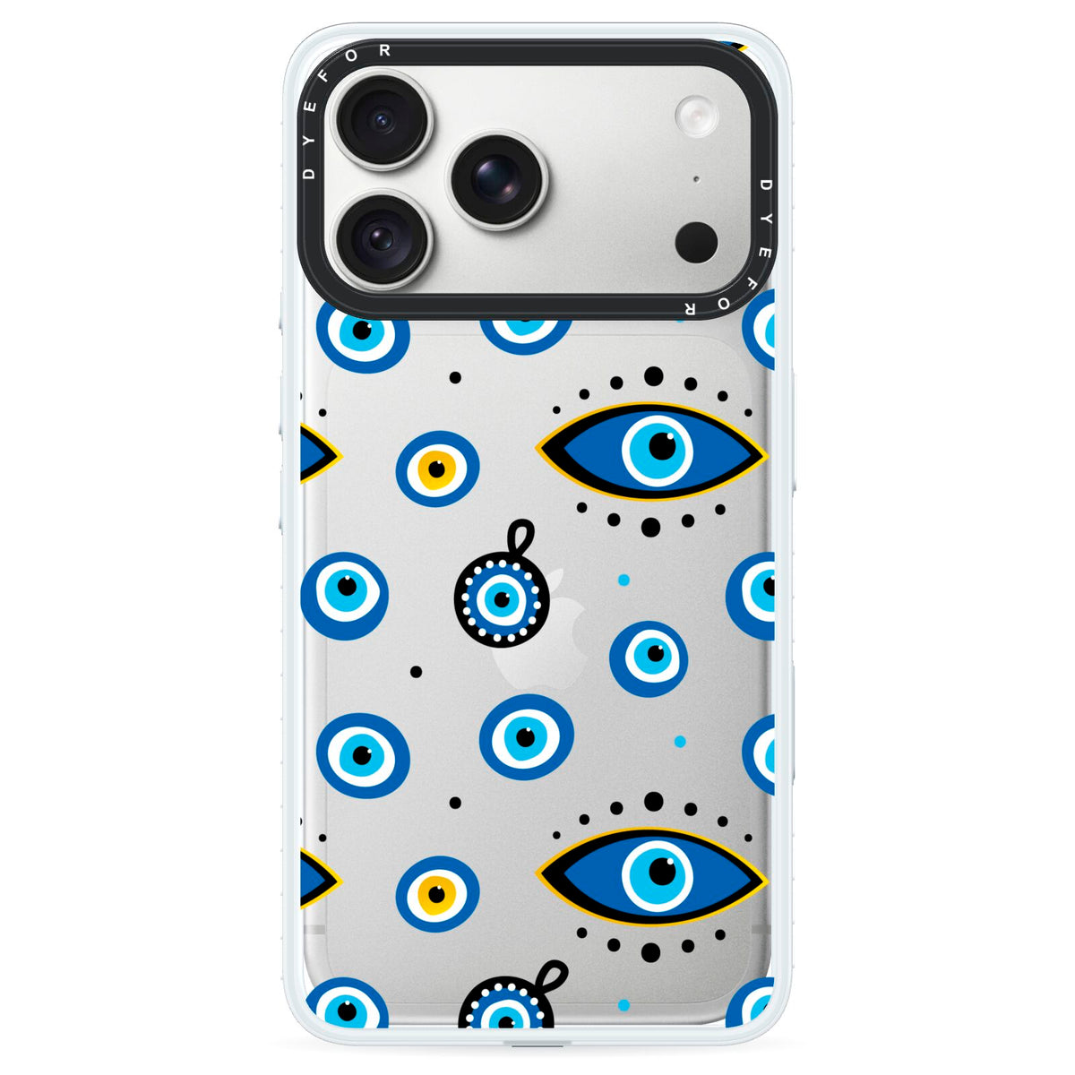 Evil Eye Protection Pattern iPhone 18 Pro Black Impact Pre order Case on Silver phone