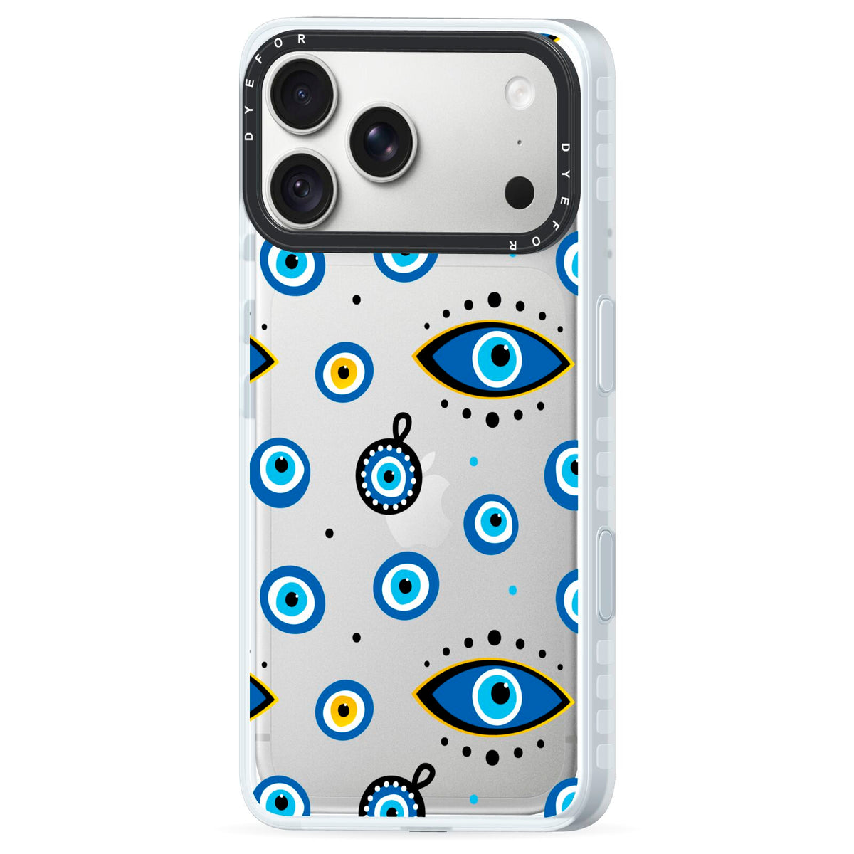 Evil Eye Protection Pattern iPhone 18 Pro Max Black Impact Pre order Case Side Angle on Silver phone