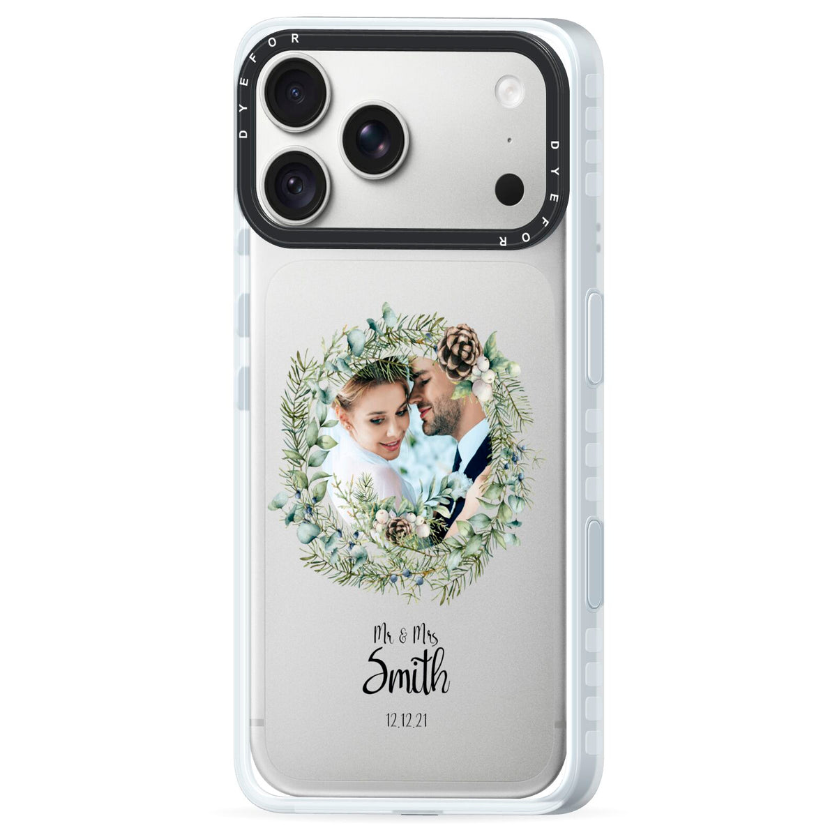 First Christmas Married Photo iPhone 18 Pro Black Impact Pre order Case Side Angle on Silver phone