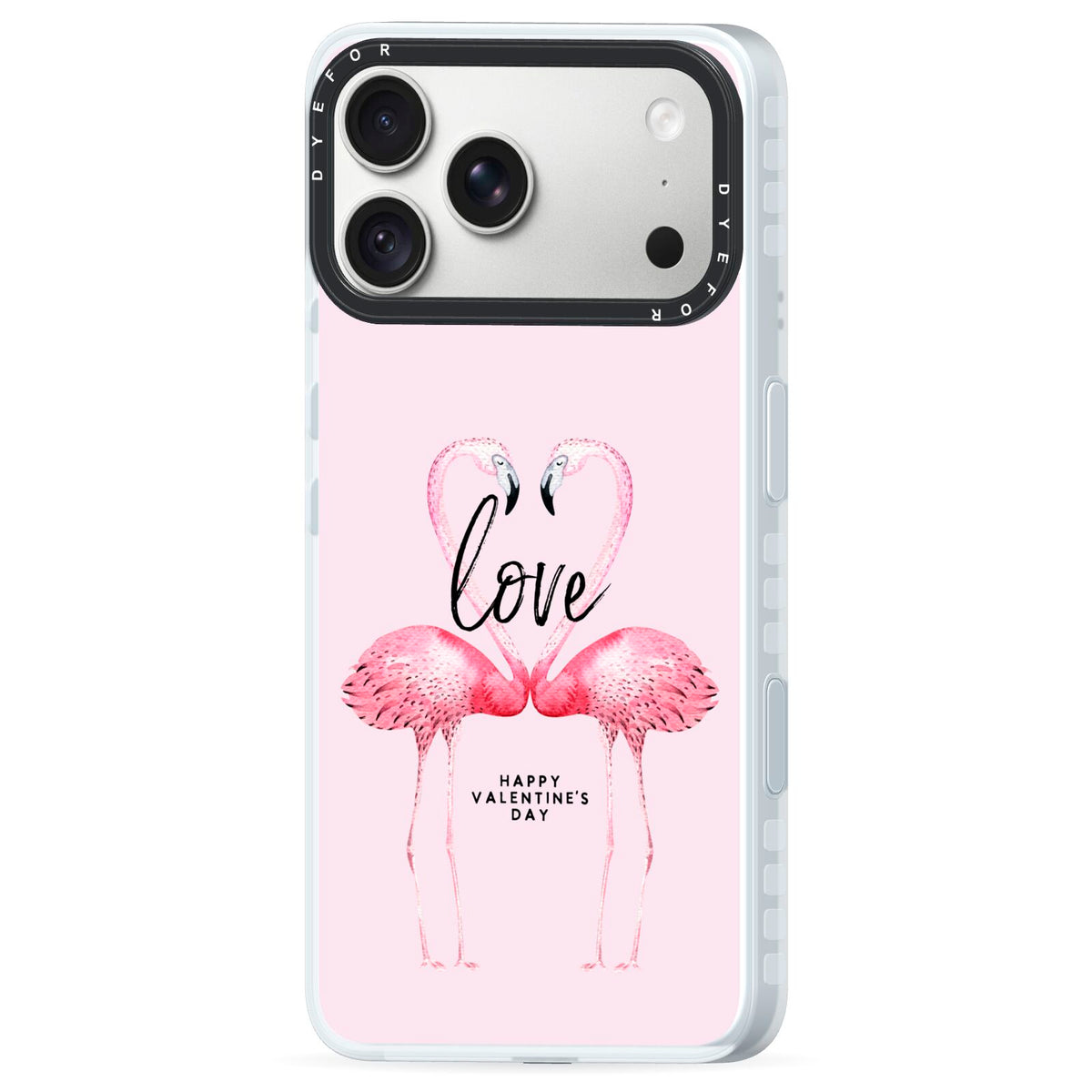 Flamingo Valentines Day iPhone 18 Pro Black Impact Pre order Case Side Angle on Silver phone