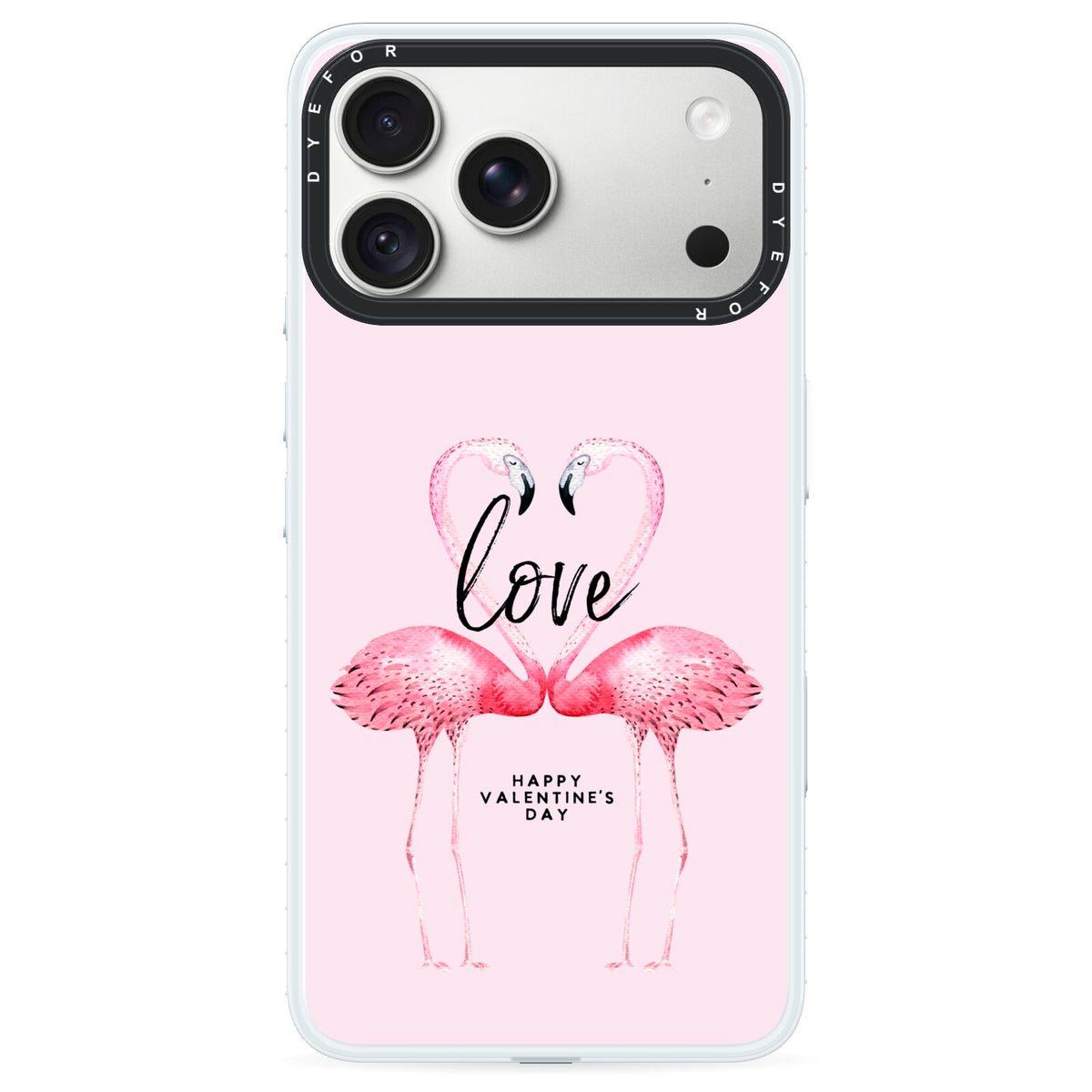 Flamingo Valentines Day iPhone 18 Pro Black Impact Pre order Case on Silver phone