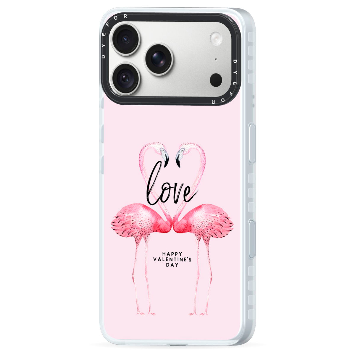 Flamingo Valentines Day iPhone 18 Pro Max Black Impact Pre order Case Side Angle on Silver phone