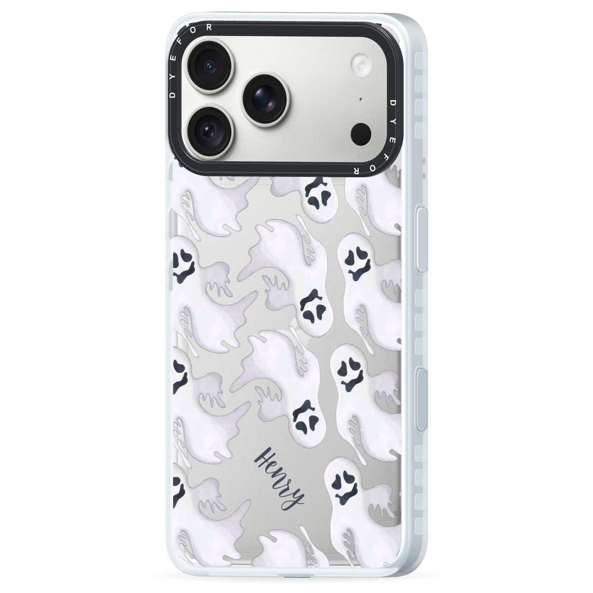 Floaty Ghosts Personalised iPhone 18 Pro Black Impact Pre order Case Side Angle on Silver phone