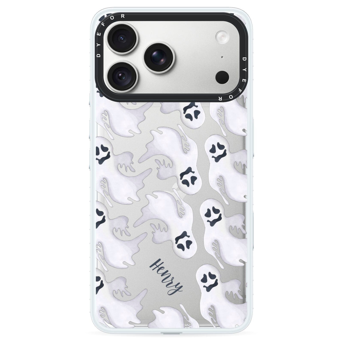 Floaty Ghosts Personalised iPhone 18 Pro Black Impact Pre order Case on Silver phone