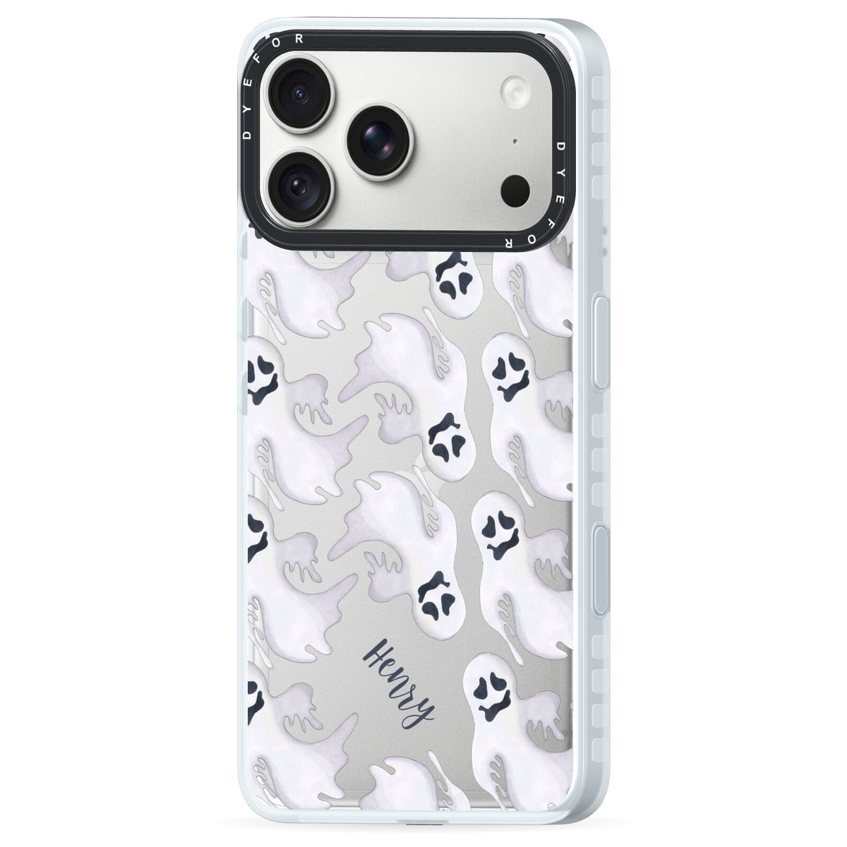 Floaty Ghosts Personalised iPhone 18 Pro Max Black Impact Pre order Case Side Angle on Silver phone
