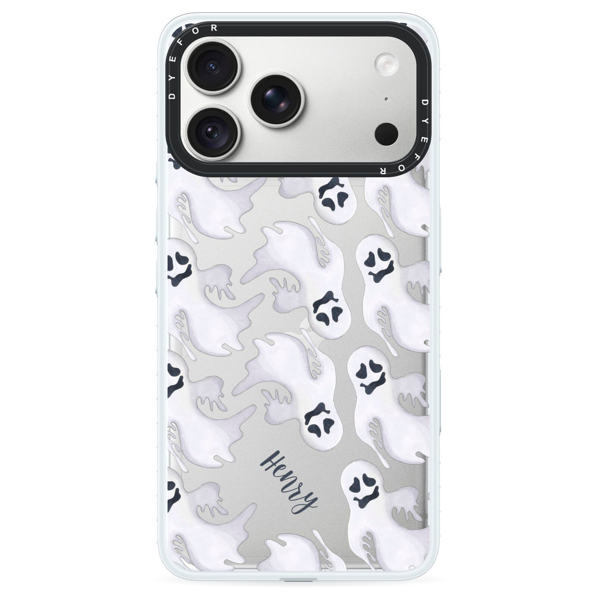 Floaty Ghosts Personalised iPhone 18 Pro Max Black Impact Pre order Case on Silver phone