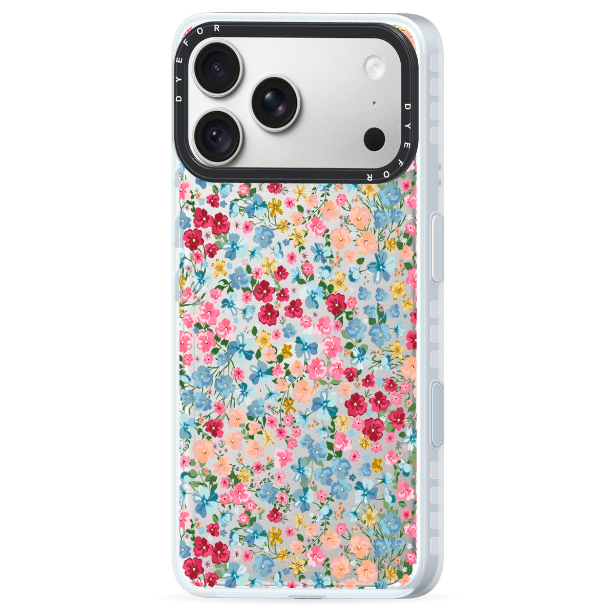 Floral Meadow iPhone 18 Pro Black Impact Pre order Case Side Angle on Silver phone