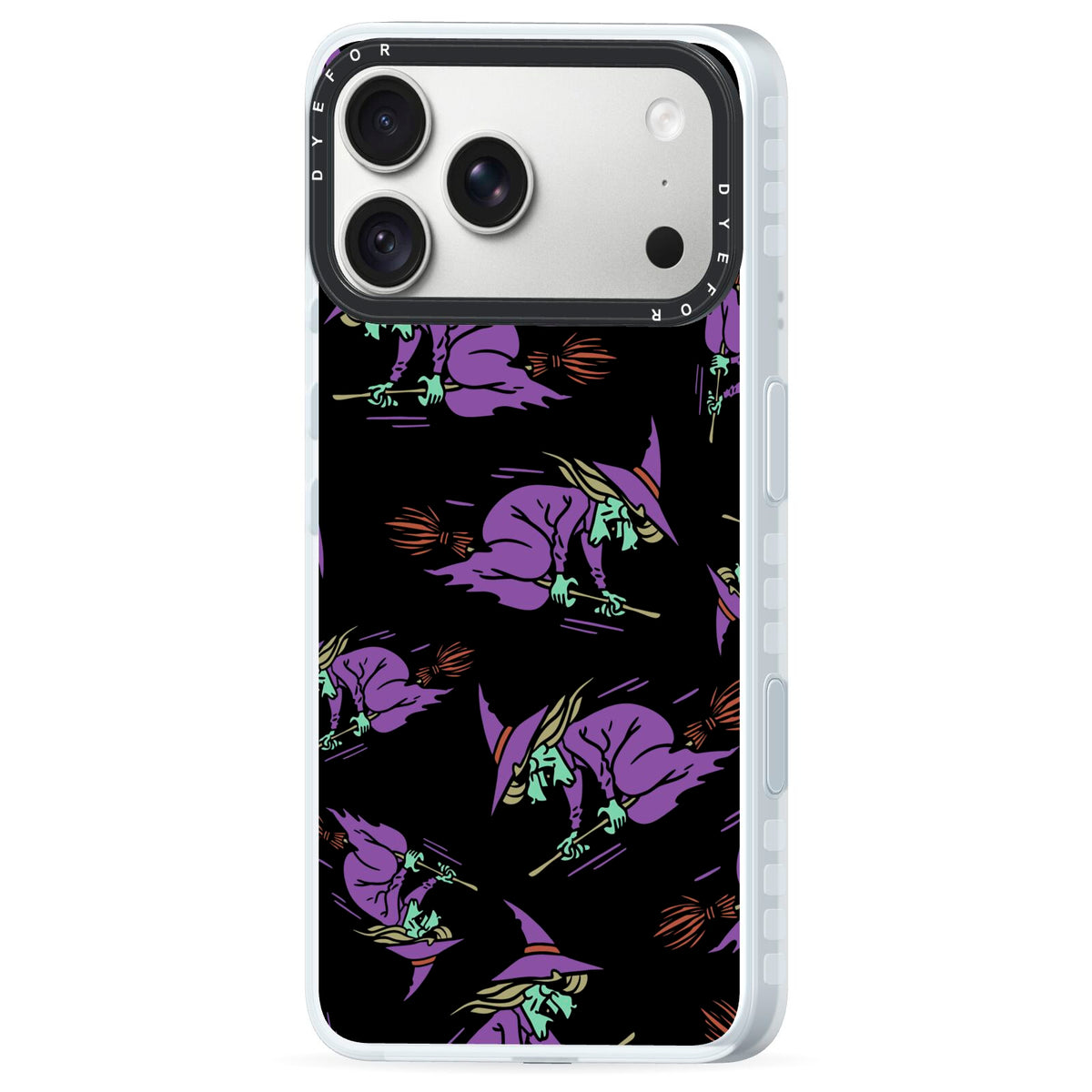 Flying Witches iPhone 18 Pro Black Impact Pre order Case Side Angle on Silver phone