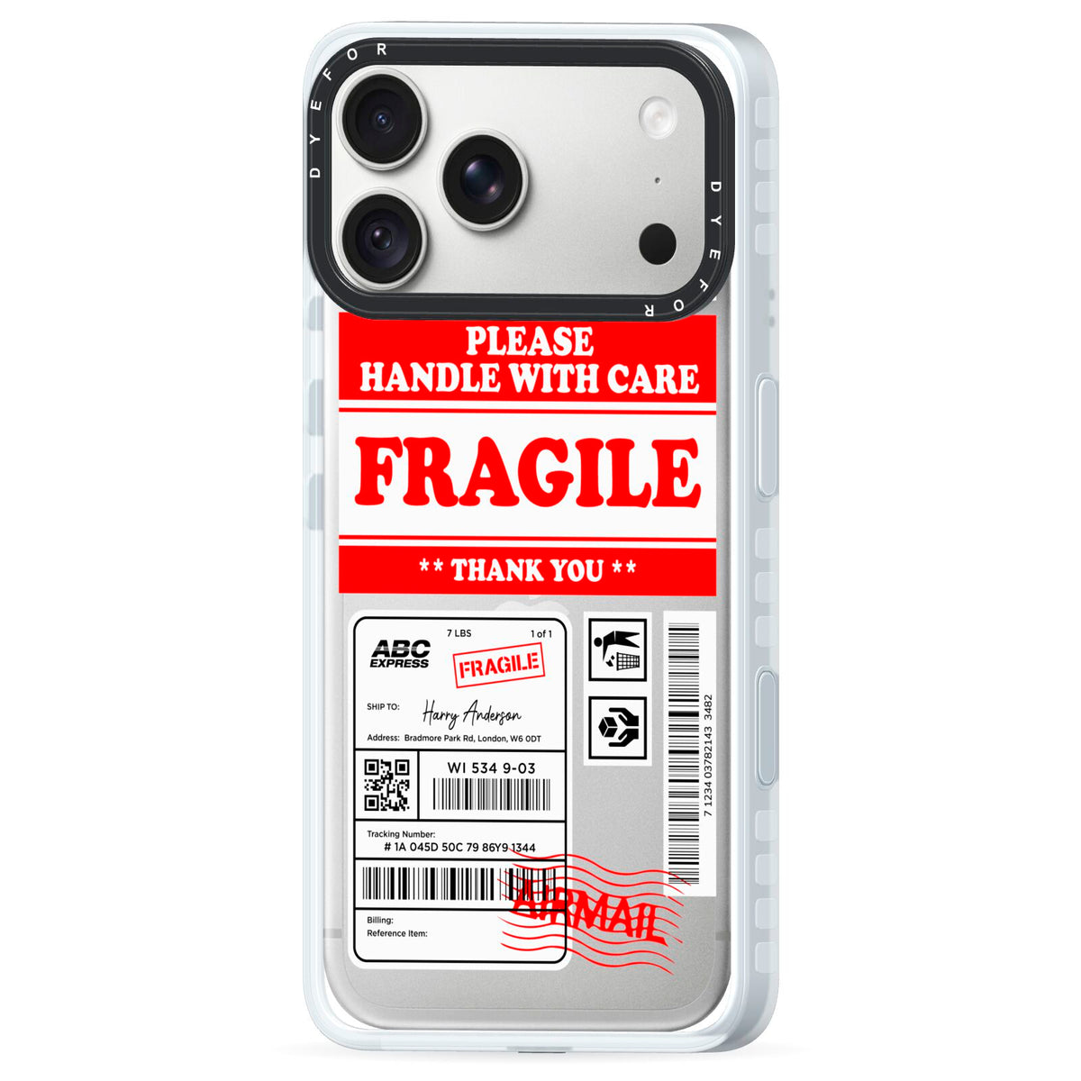 Fragile Parcel Stickers with Name iPhone 18 Pro Max Black Impact Pre order Case Side Angle on Silver phone
