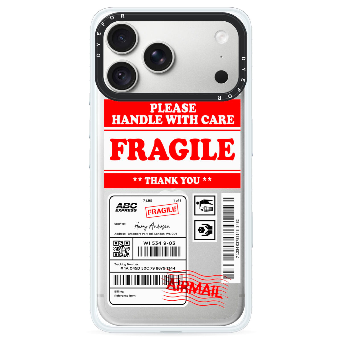 Fragile Parcel Stickers with Name iPhone 18 Pro Max Black Impact Pre order Case on Silver phone