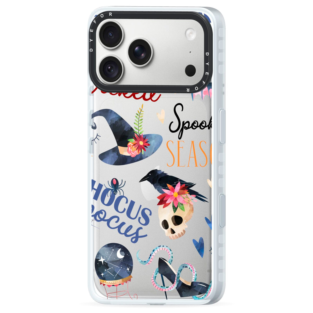 Fun Halloween Catchphrases and Watercolour Illustrations iPhone 18 Pro Max Black Impact Pre order Case Side Angle on Silver phone