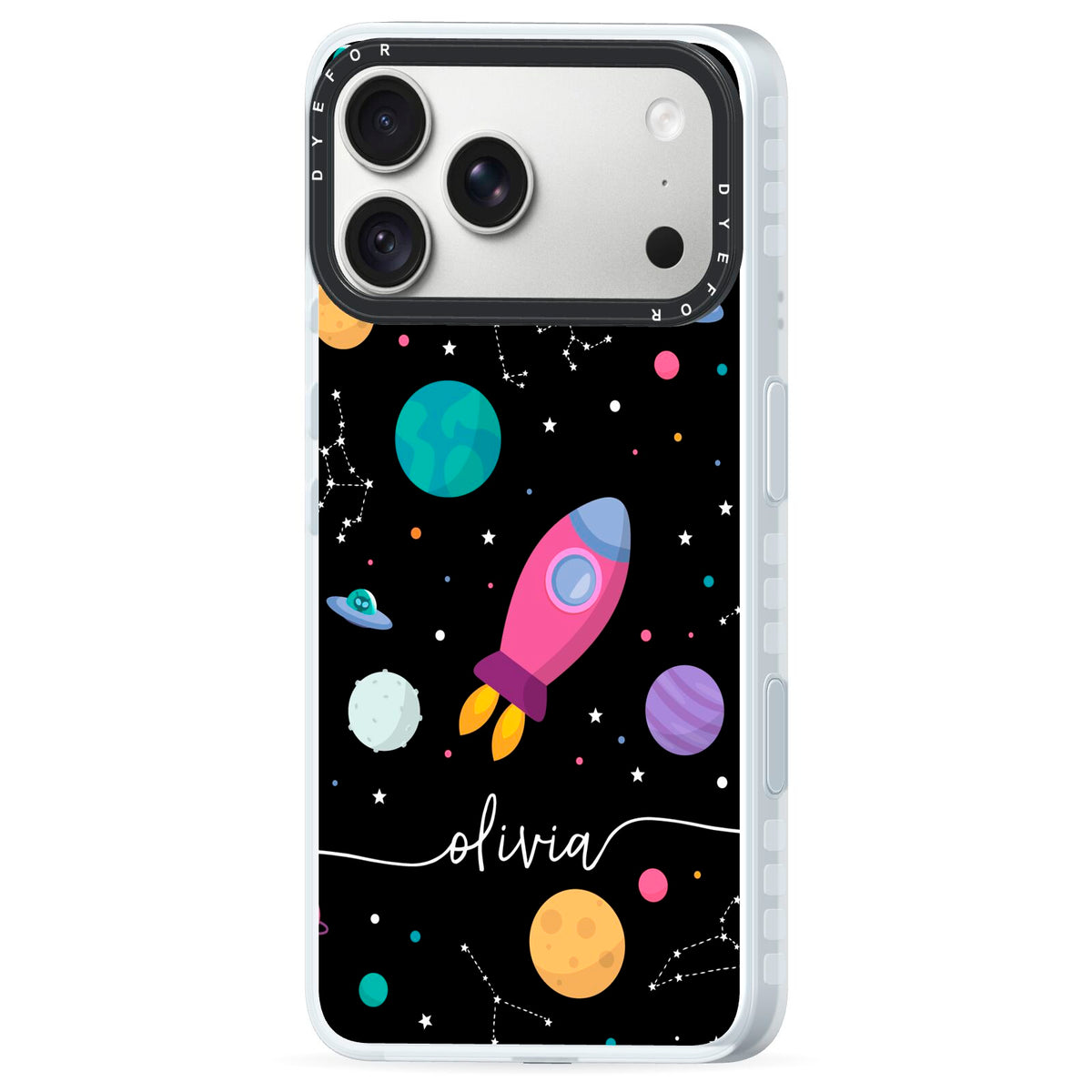 Galaxy Artwork with Name iPhone 18 Pro Black Impact Pre order Case Side Angle on Silver phone