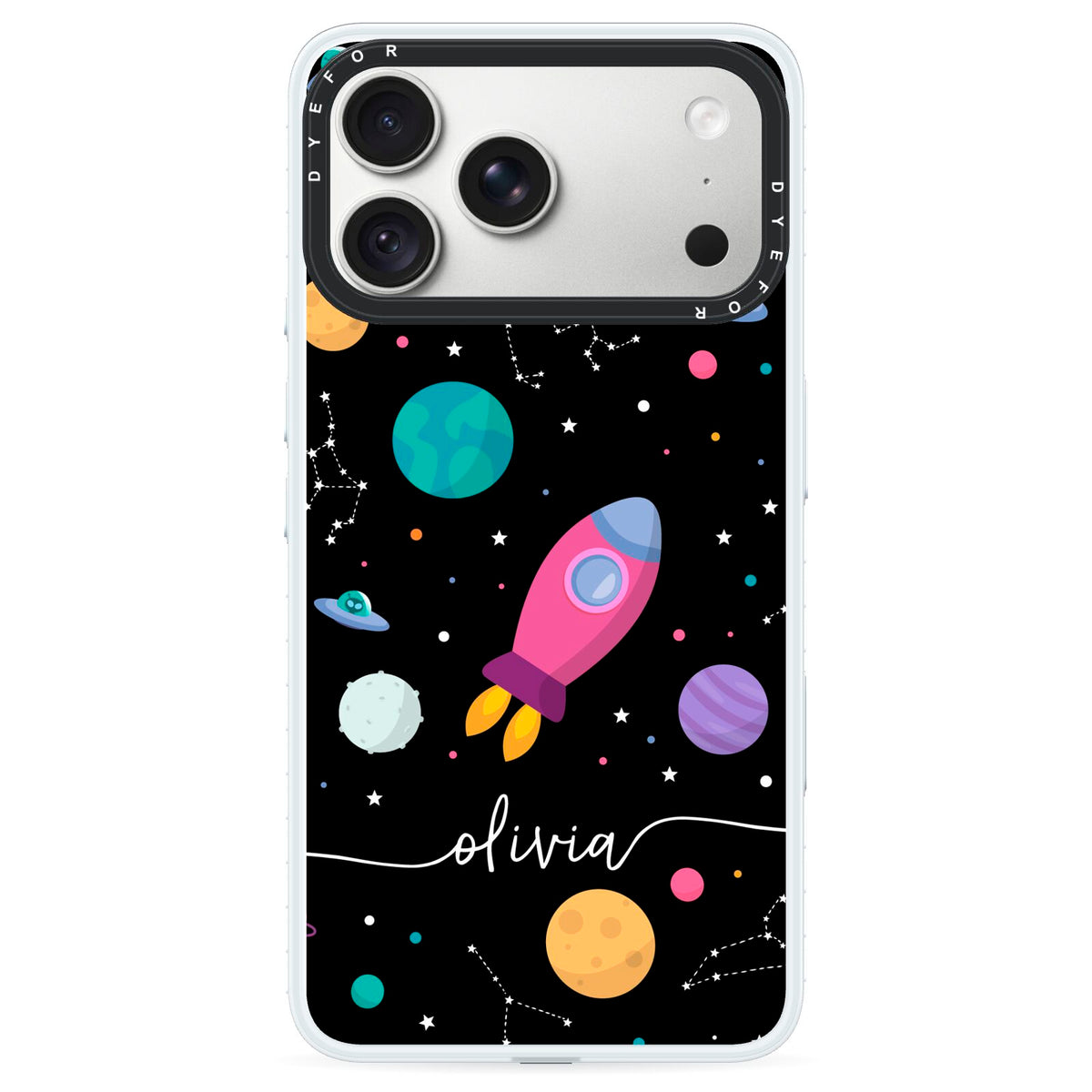 Galaxy Artwork with Name iPhone 18 Pro Max Black Impact Pre order Case on Silver phone