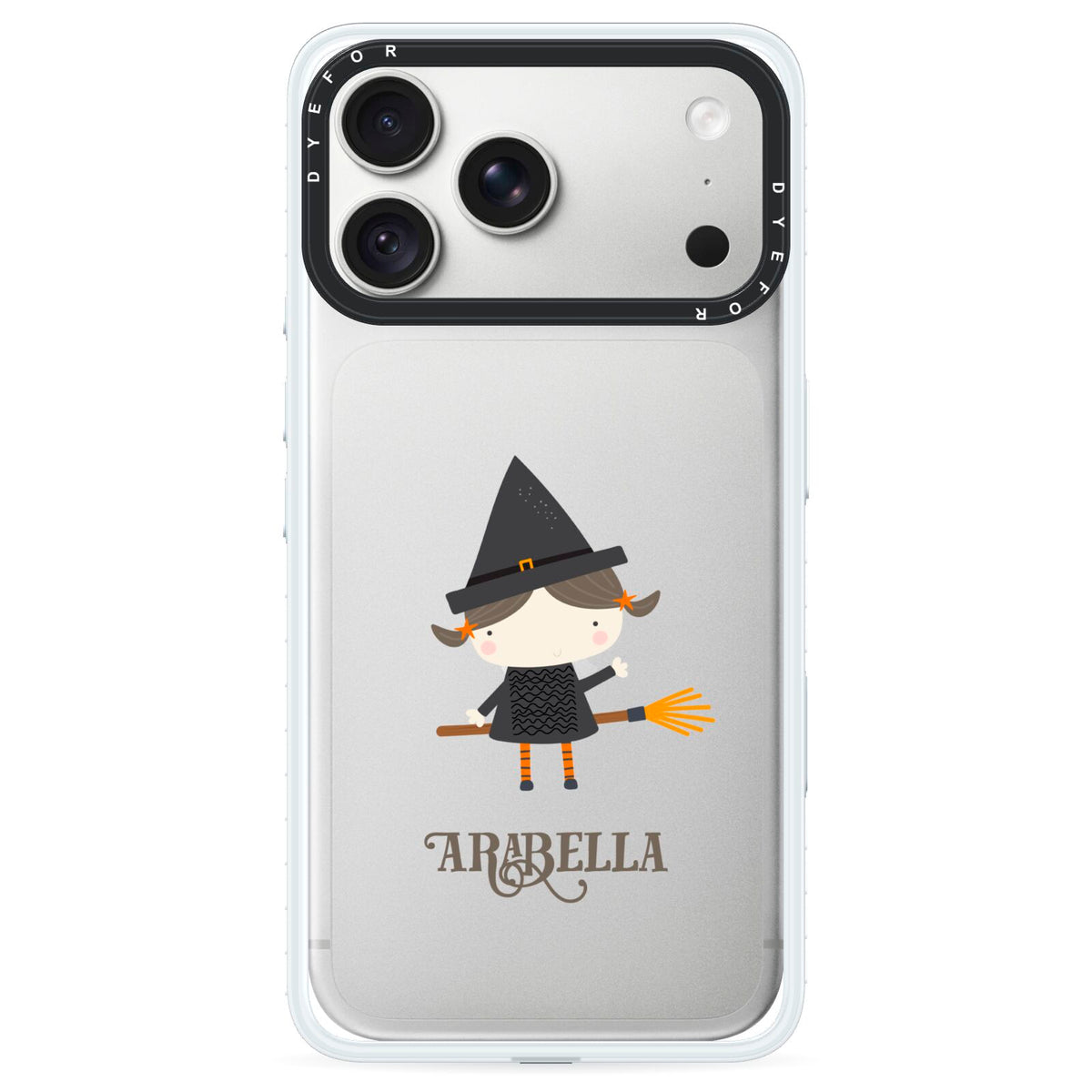 Girl Witch Personalised iPhone 18 Pro Black Impact Pre order Case on Silver phone