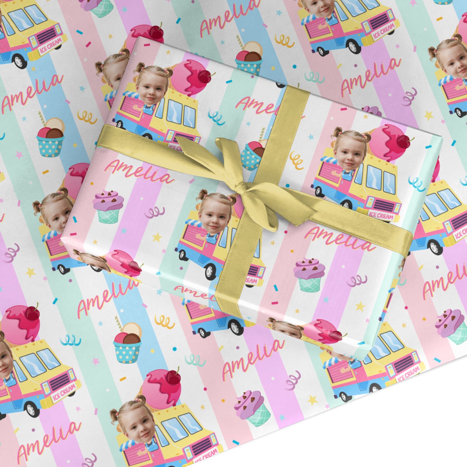 Girls Personalised Ice Cream Cart Wrapping Paper – Dyefor