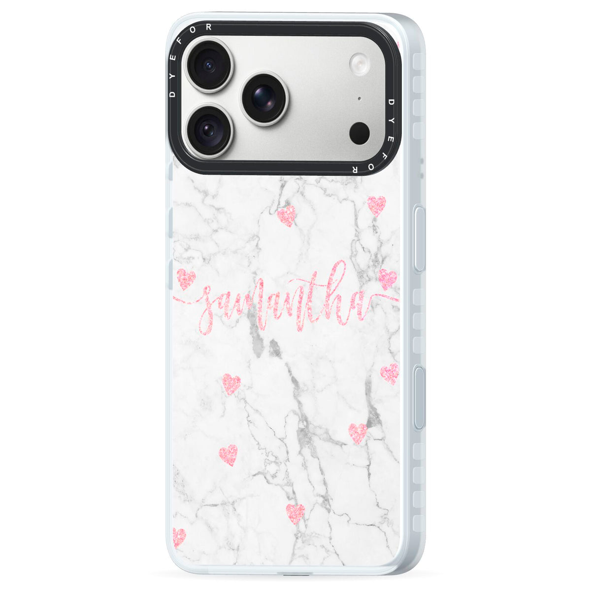 Glitter Hearts Marble Personalised Name iPhone 18 Pro Max Black Impact Pre order Case Side Angle on Silver phone