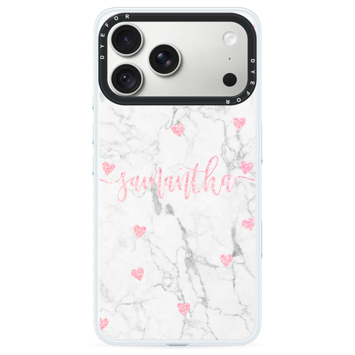 Glitter Hearts Marble Personalised Name iPhone 18 Pro Max Black Impact Pre order Case on Silver phone
