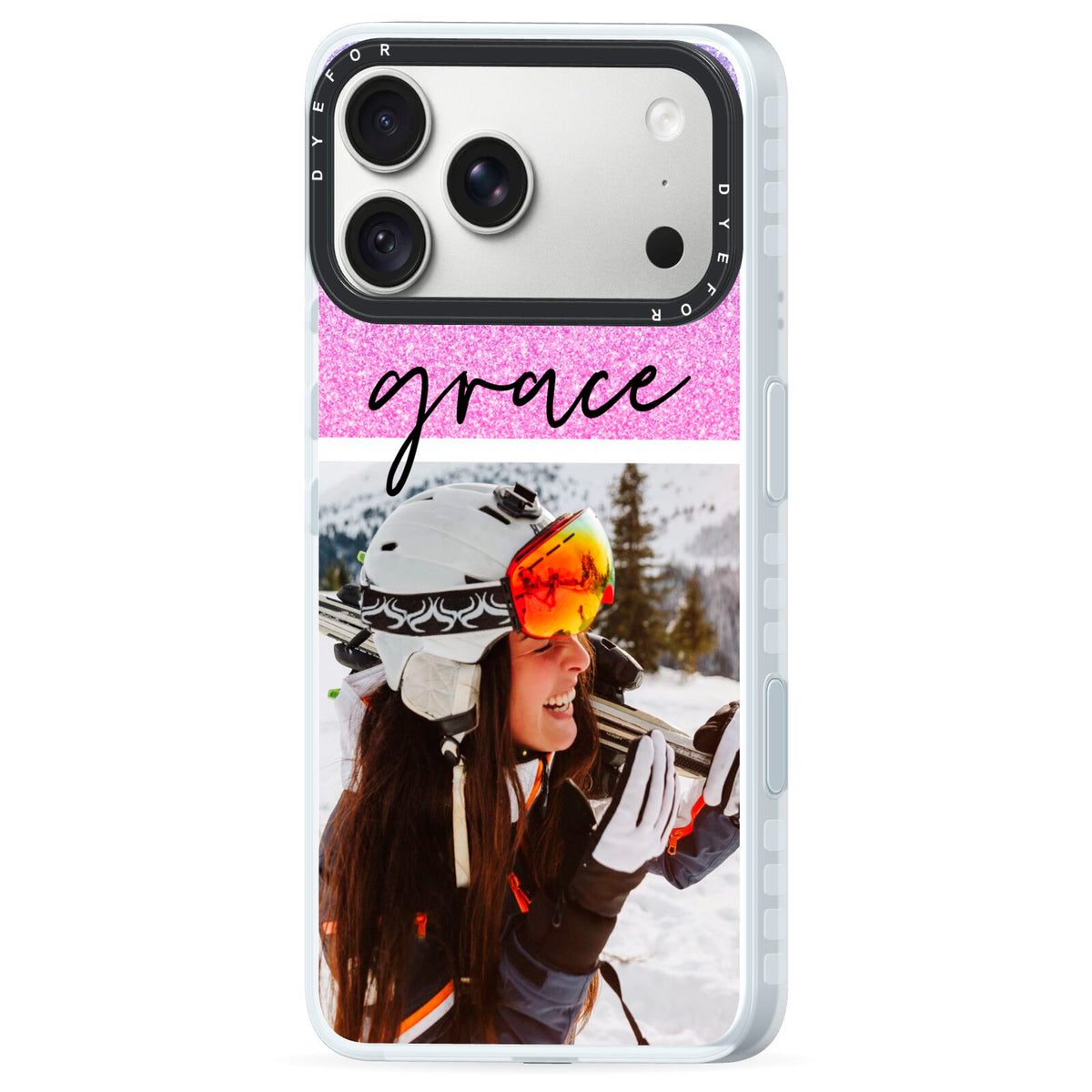 Glitter Personalised Photo Upload Name iPhone 18 Pro Black Impact Pre order Case Side Angle on Silver phone