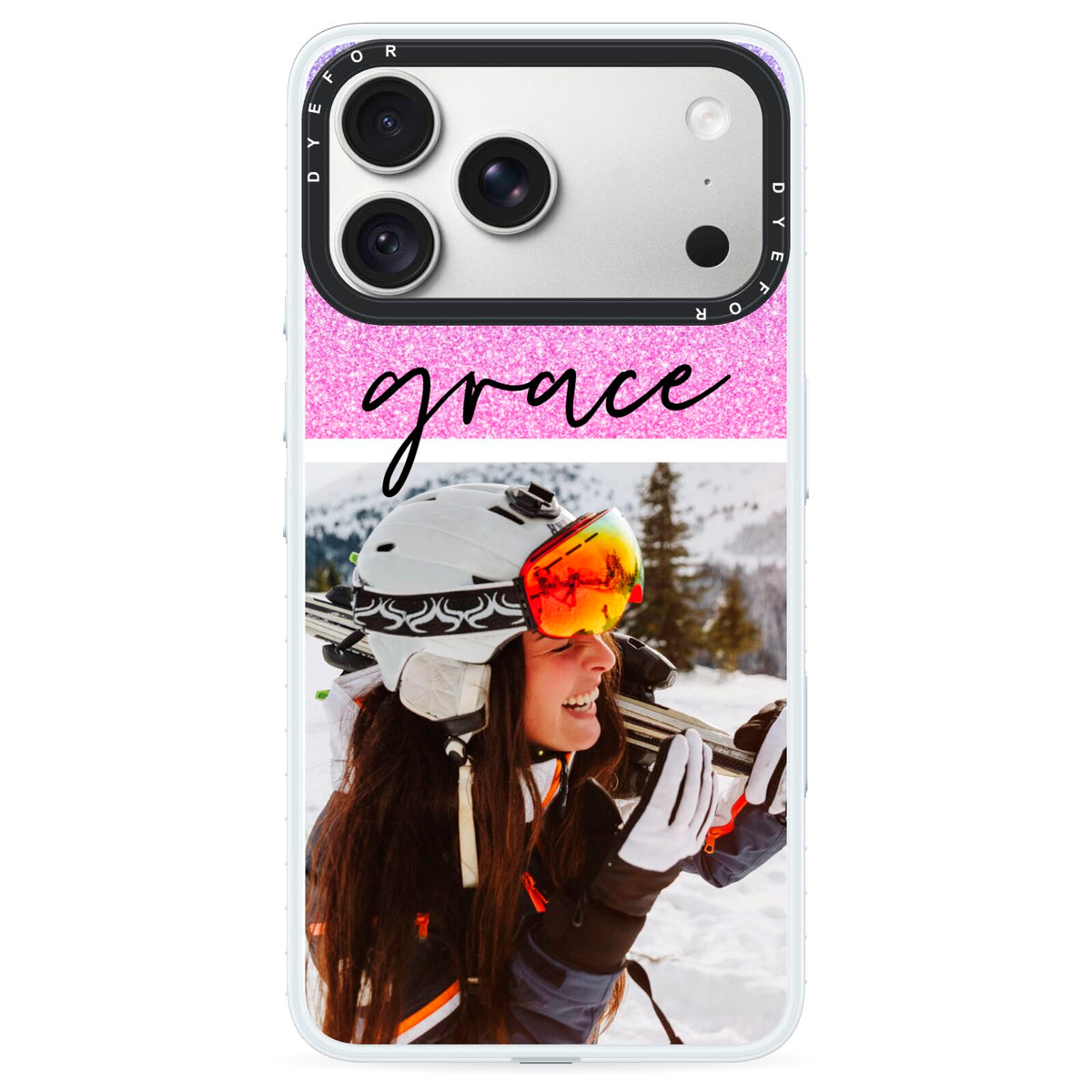 Glitter Personalised Photo Upload Name iPhone 18 Pro Black Impact Pre order Case on Silver phone