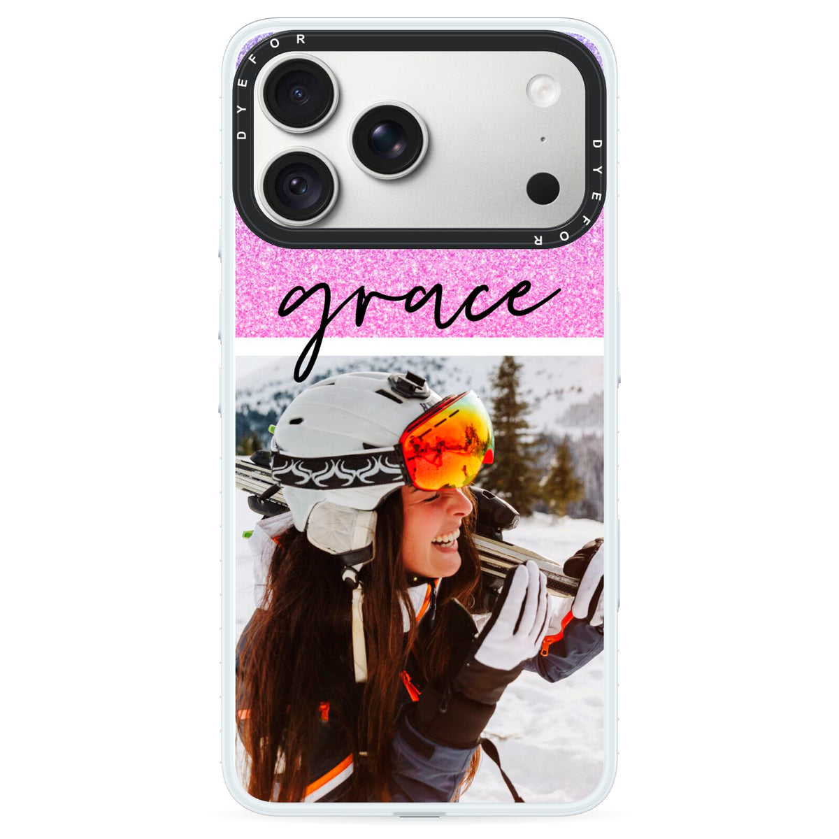 Glitter Personalised Photo Upload Name iPhone 18 Pro Max Black Impact Pre order Case on Silver phone