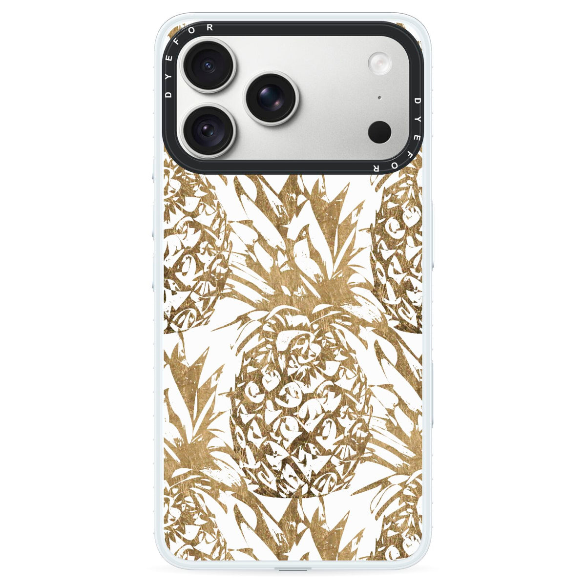 Gold Pineapple Fruit iPhone 18 Pro Black Impact Pre order Case on Silver phone