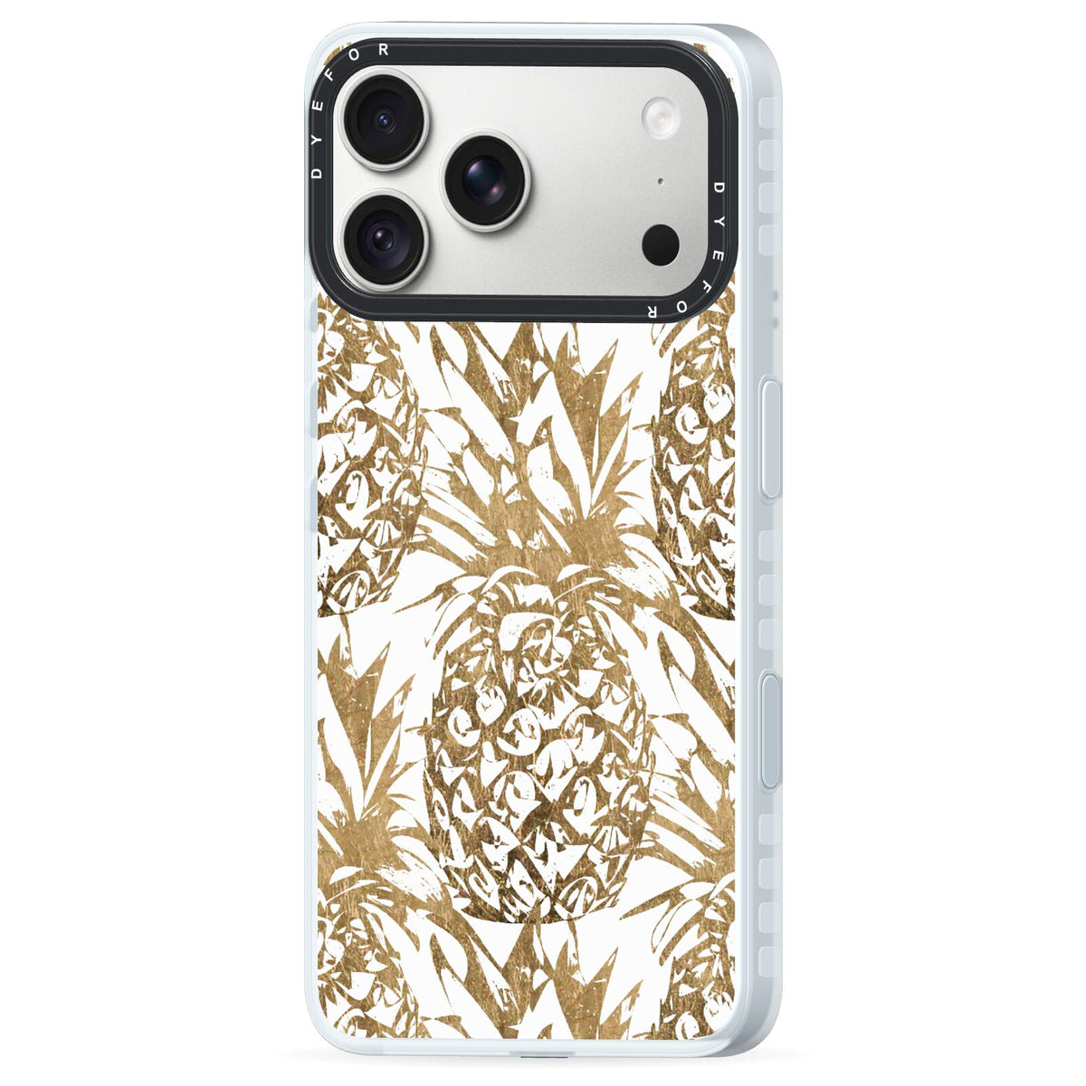 Gold Pineapple Fruit iPhone 18 Pro Max Black Impact Pre order Case Side Angle on Silver phone