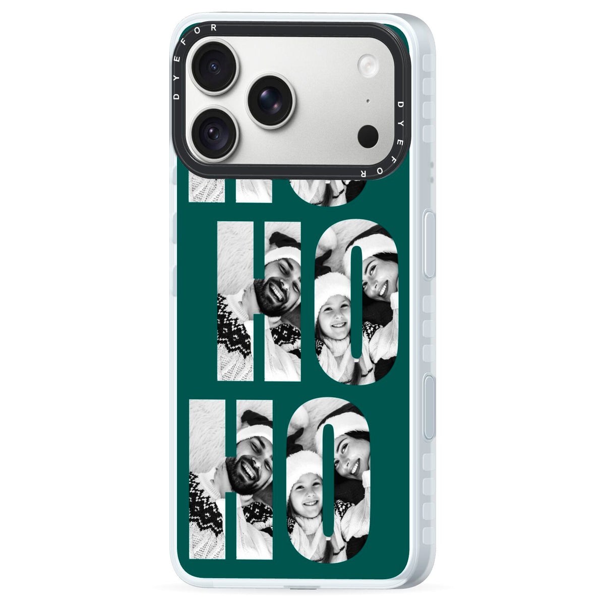 Green Ho Ho Ho Photo Upload Christmas iPhone 18 Pro Max Black Impact Pre order Case Side Angle on Silver phone