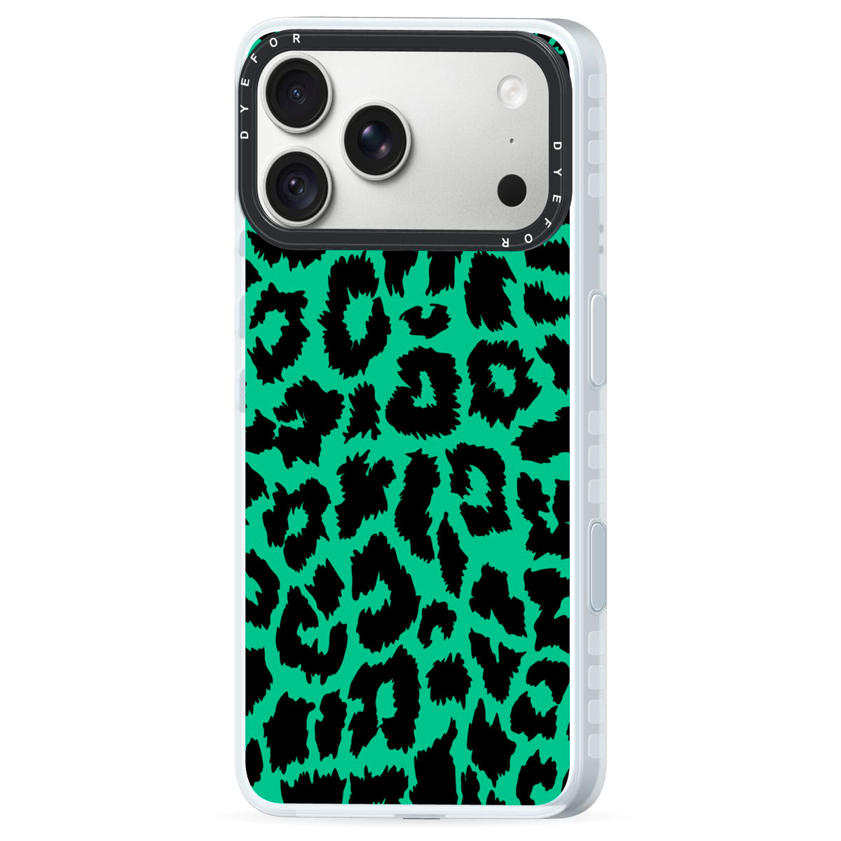 Green Leopard Print iPhone 18 Pro Black Impact Pre order Case Side Angle on Silver phone