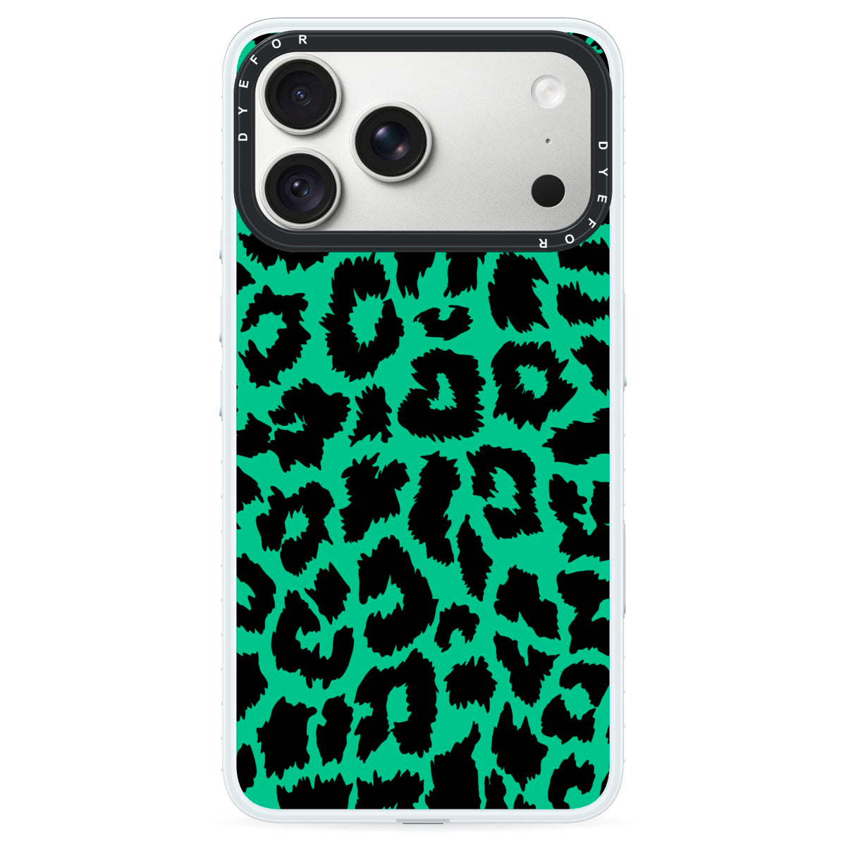 Green Leopard Print iPhone 18 Pro Black Impact Pre order Case on Silver phone