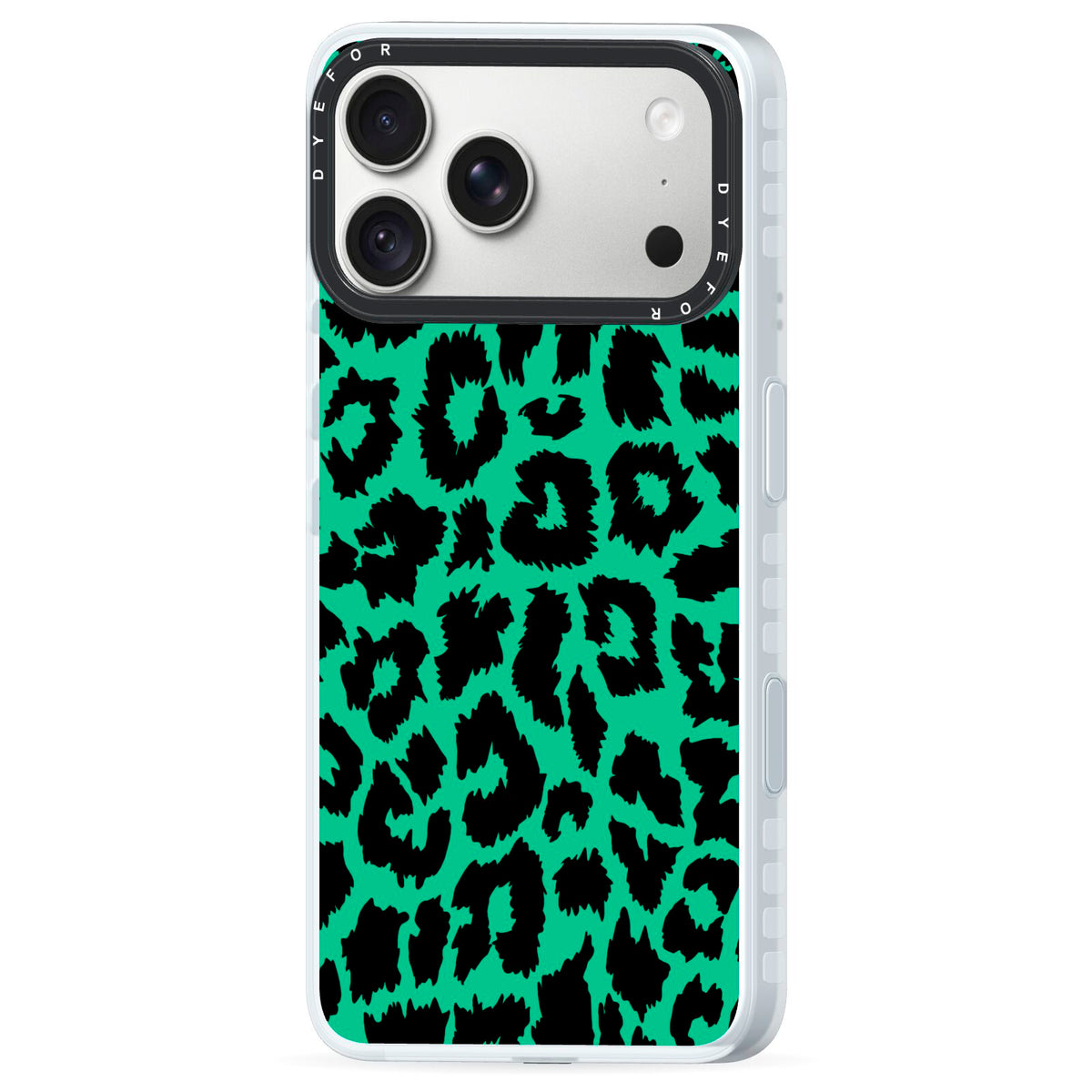 Green Leopard Print iPhone 18 Pro Max Black Impact Pre order Case Side Angle on Silver phone