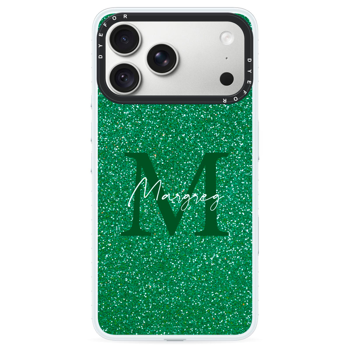 Green Monogram iPhone 18 Pro Black Impact Pre order Case on Silver phone
