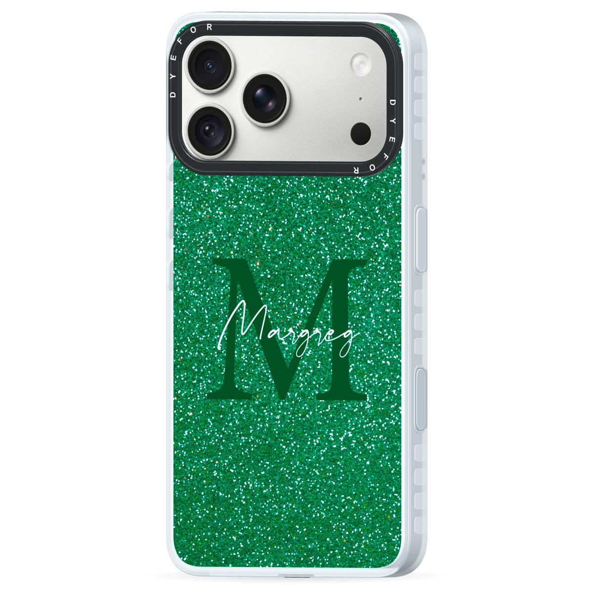 Green Monogram iPhone 18 Pro Max Black Impact Pre order Case Side Angle on Silver phone