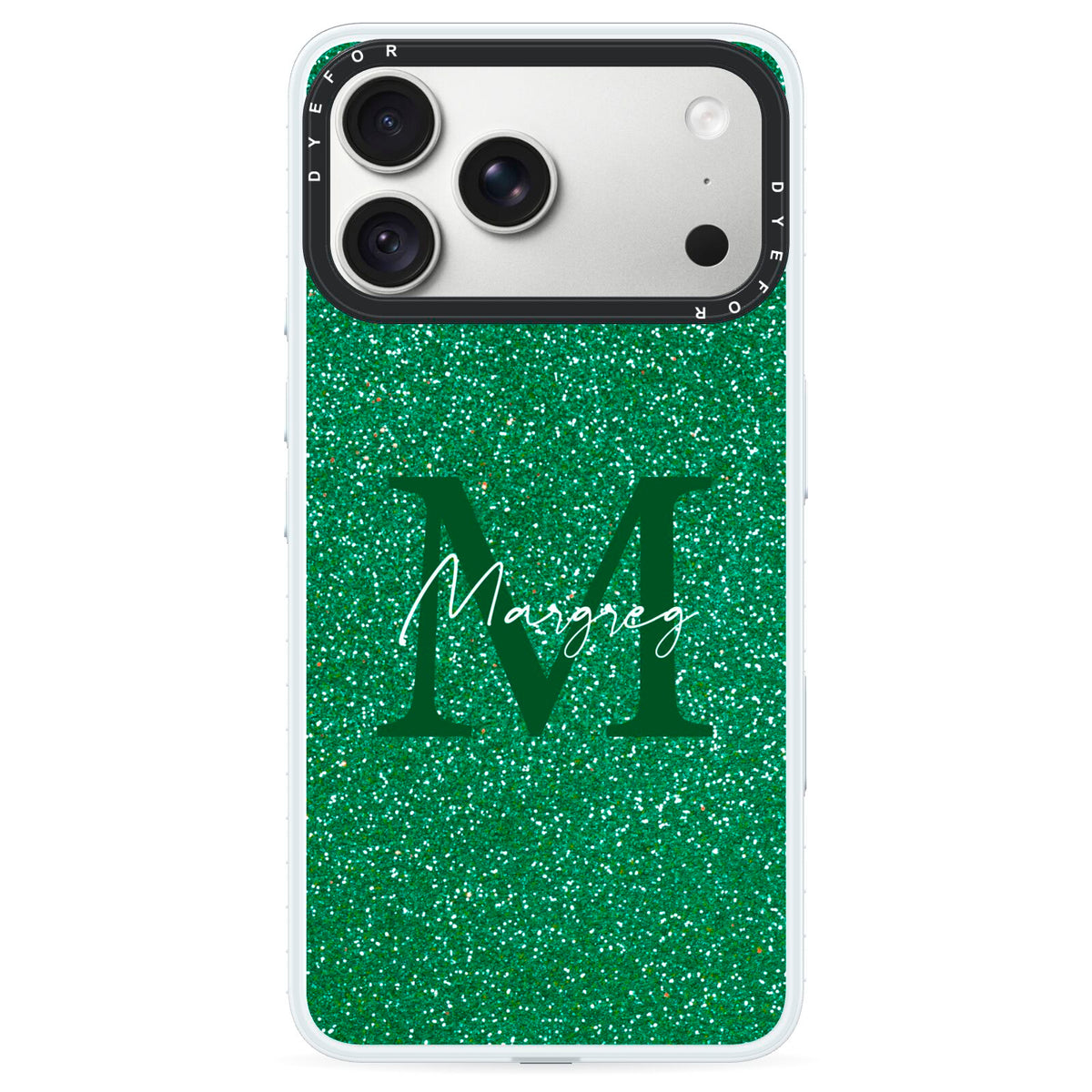 Green Monogram iPhone 18 Pro Max Black Impact Pre order Case on Silver phone