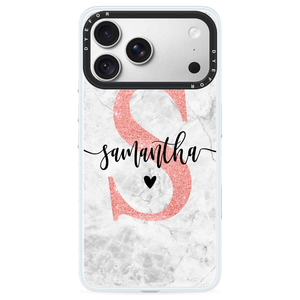 Grey Marble Personalised Pink Glitter Initial iPhone 18 Pro Black Impact Pre order Case on Silver phone