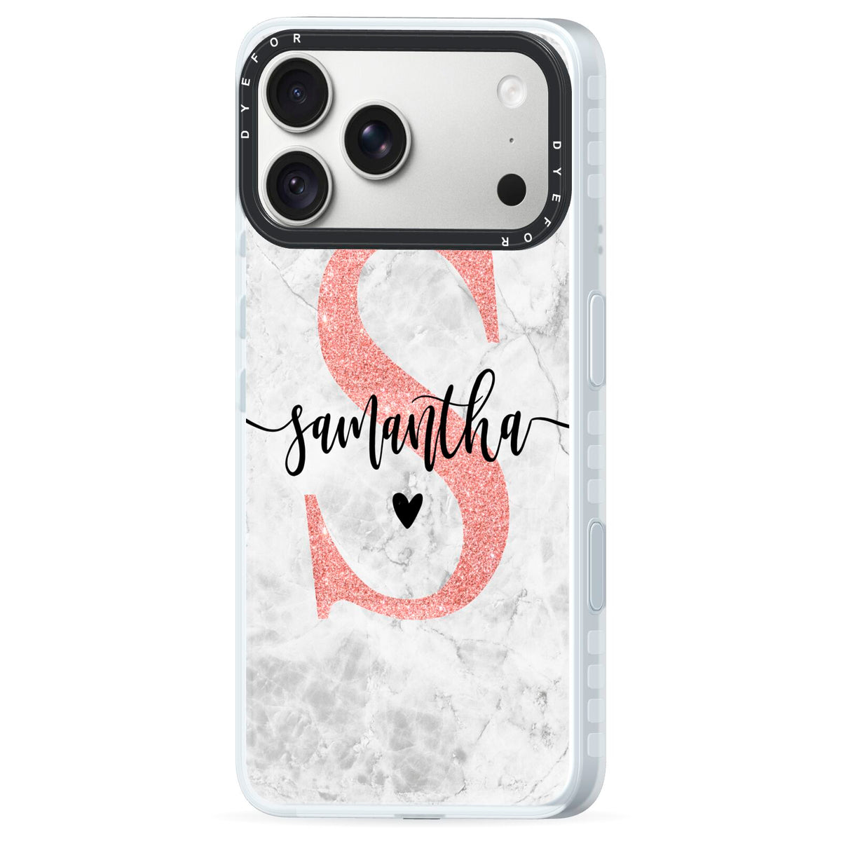 Grey Marble Personalised Pink Glitter Initial iPhone 18 Pro Max Black Impact Pre order Case Side Angle on Silver phone