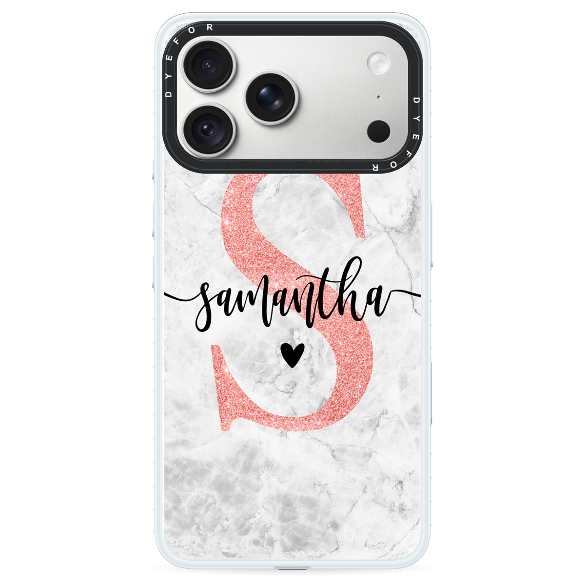 Grey Marble Personalised Pink Glitter Initial iPhone 18 Pro Max Black Impact Pre order Case on Silver phone