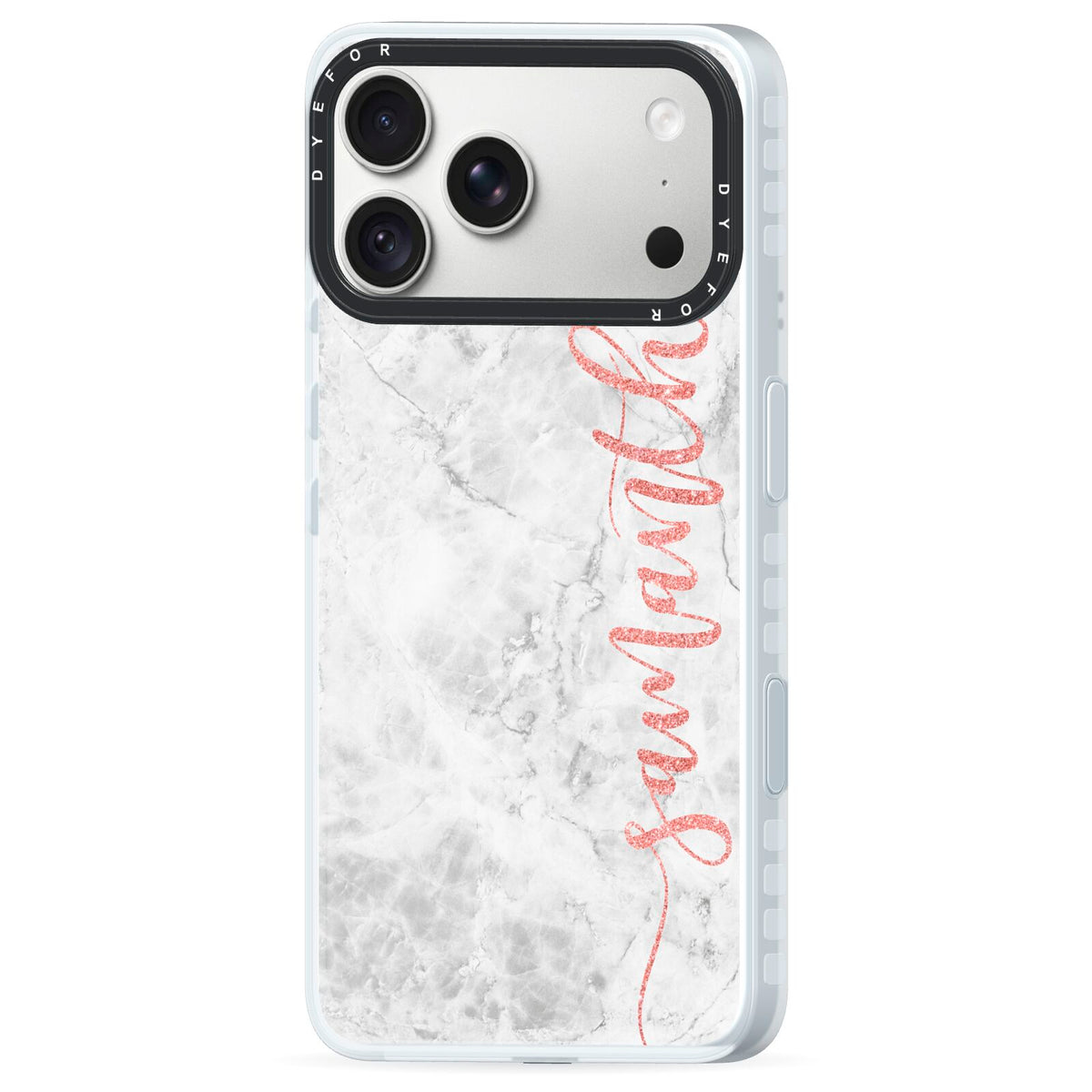 Grey Marble Personalised Vertical Glitter Name iPhone 18 Pro Black Impact Pre order Case Side Angle on Silver phone