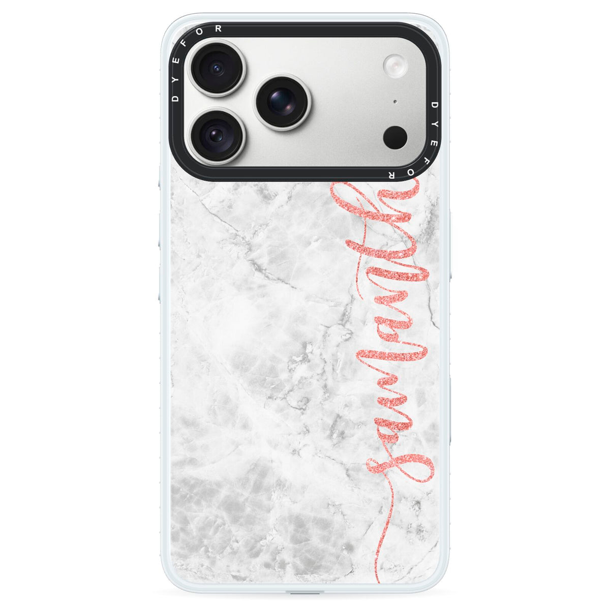 Grey Marble Personalised Vertical Glitter Name iPhone 18 Pro Black Impact Pre order Case on Silver phone