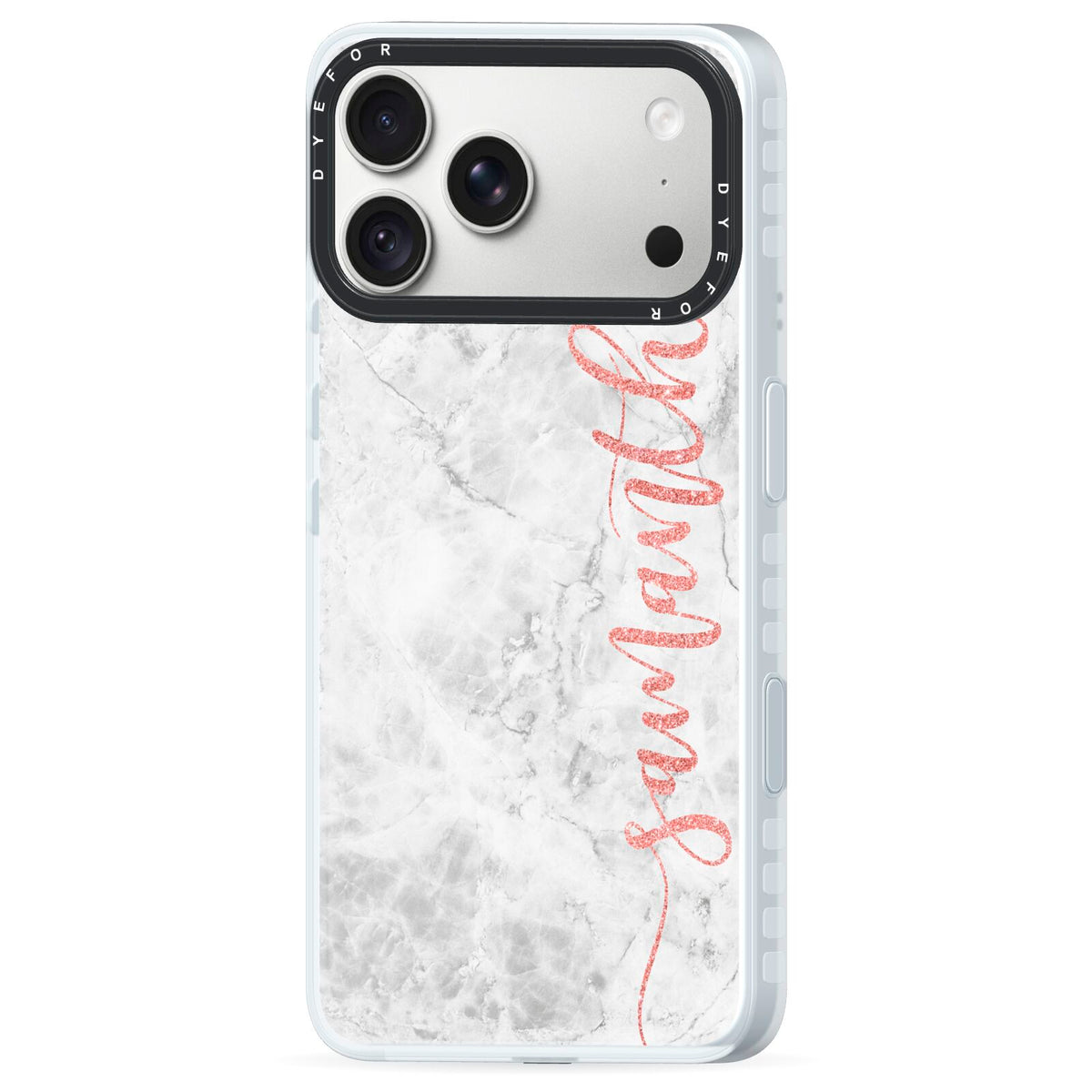 Grey Marble Personalised Vertical Glitter Name iPhone 18 Pro Max Black Impact Pre order Case Side Angle on Silver phone