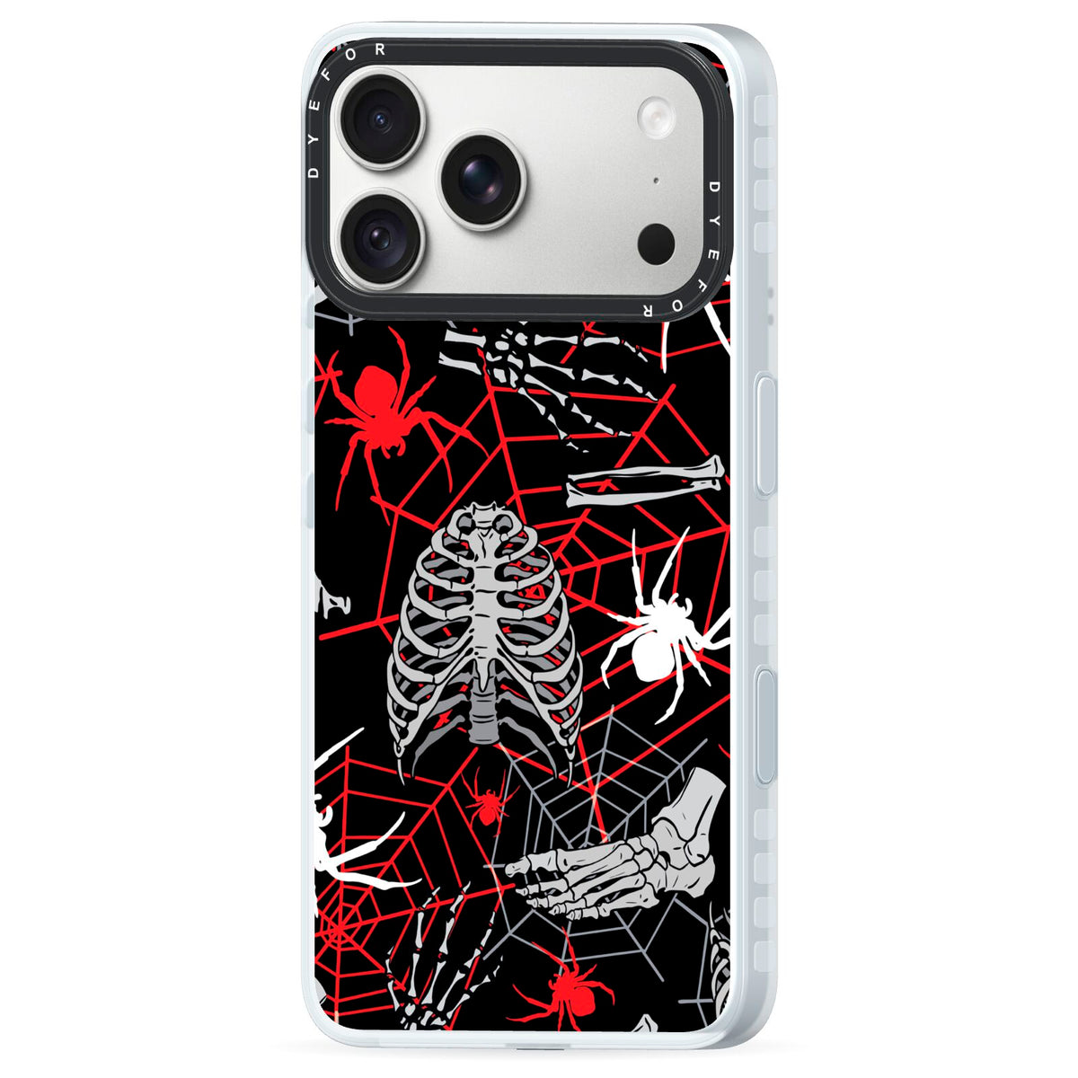 Grey and Red Cobwebs iPhone 18 Pro Black Impact Pre order Case Side Angle on Silver phone