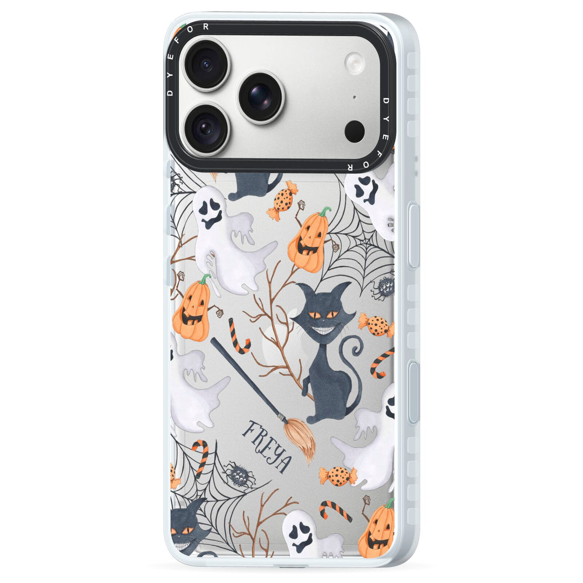 Grinning Cat Halloween iPhone 18 Pro Max Black Impact Pre order Case Side Angle on Silver phone