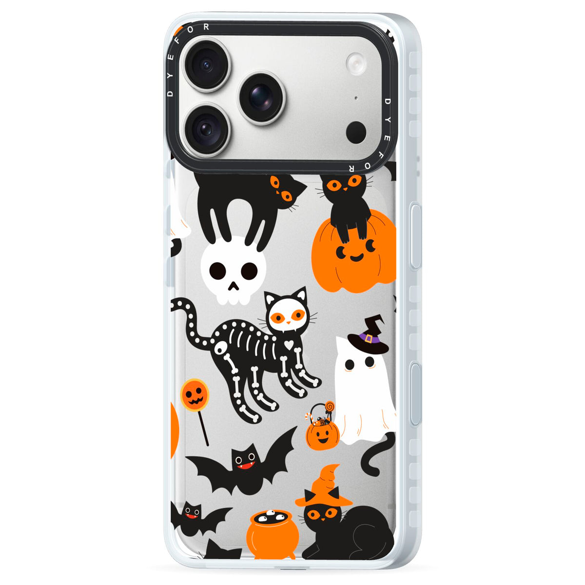 Halloween Cats iPhone 18 Pro Black Impact Pre order Case Side Angle on Silver phone