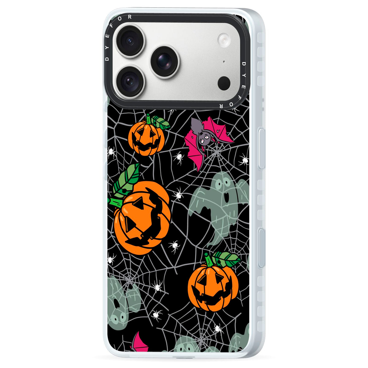 Halloween Cobwebs iPhone 18 Pro Black Impact Pre order Case Side Angle on Silver phone
