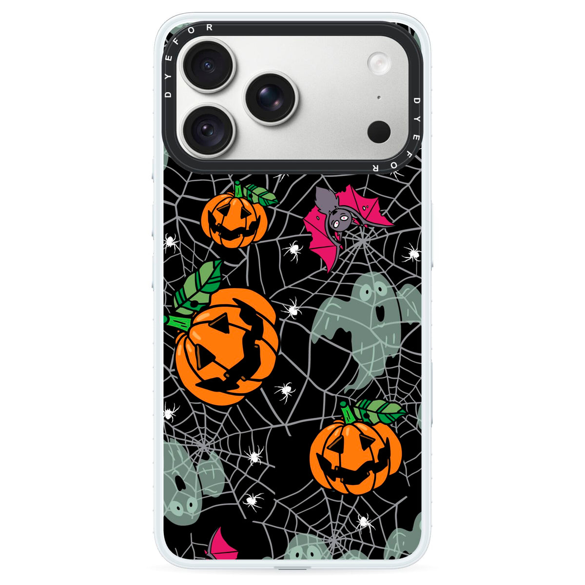 Halloween Cobwebs iPhone 18 Pro Black Impact Pre order Case on Silver phone