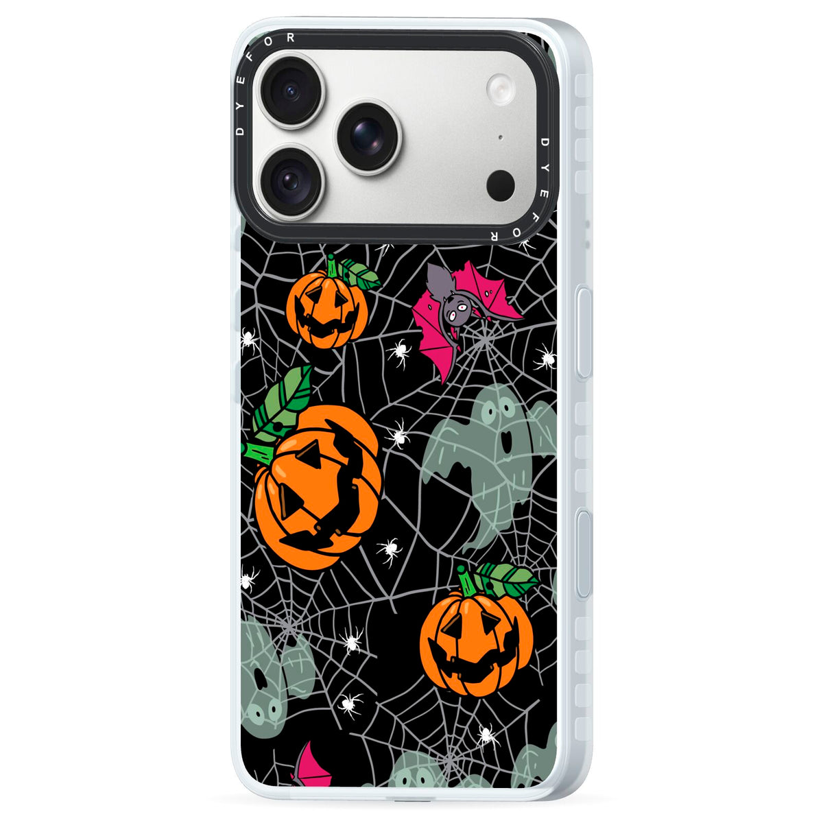 Halloween Cobwebs iPhone 18 Pro Max Black Impact Pre order Case Side Angle on Silver phone
