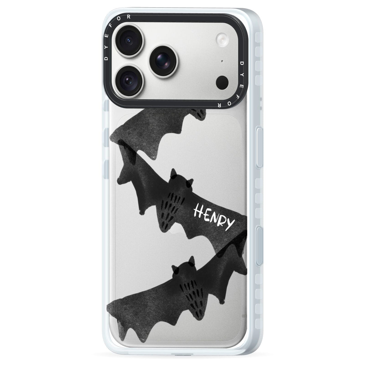 Halloween Custom Black Bats iPhone 18 Pro Black Impact Pre order Case Side Angle on Silver phone