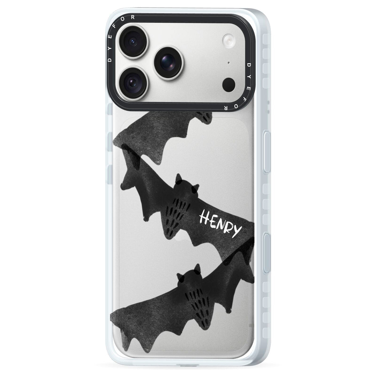 Halloween Custom Black Bats iPhone 18 Pro Max Black Impact Pre order Case Side Angle on Silver phone