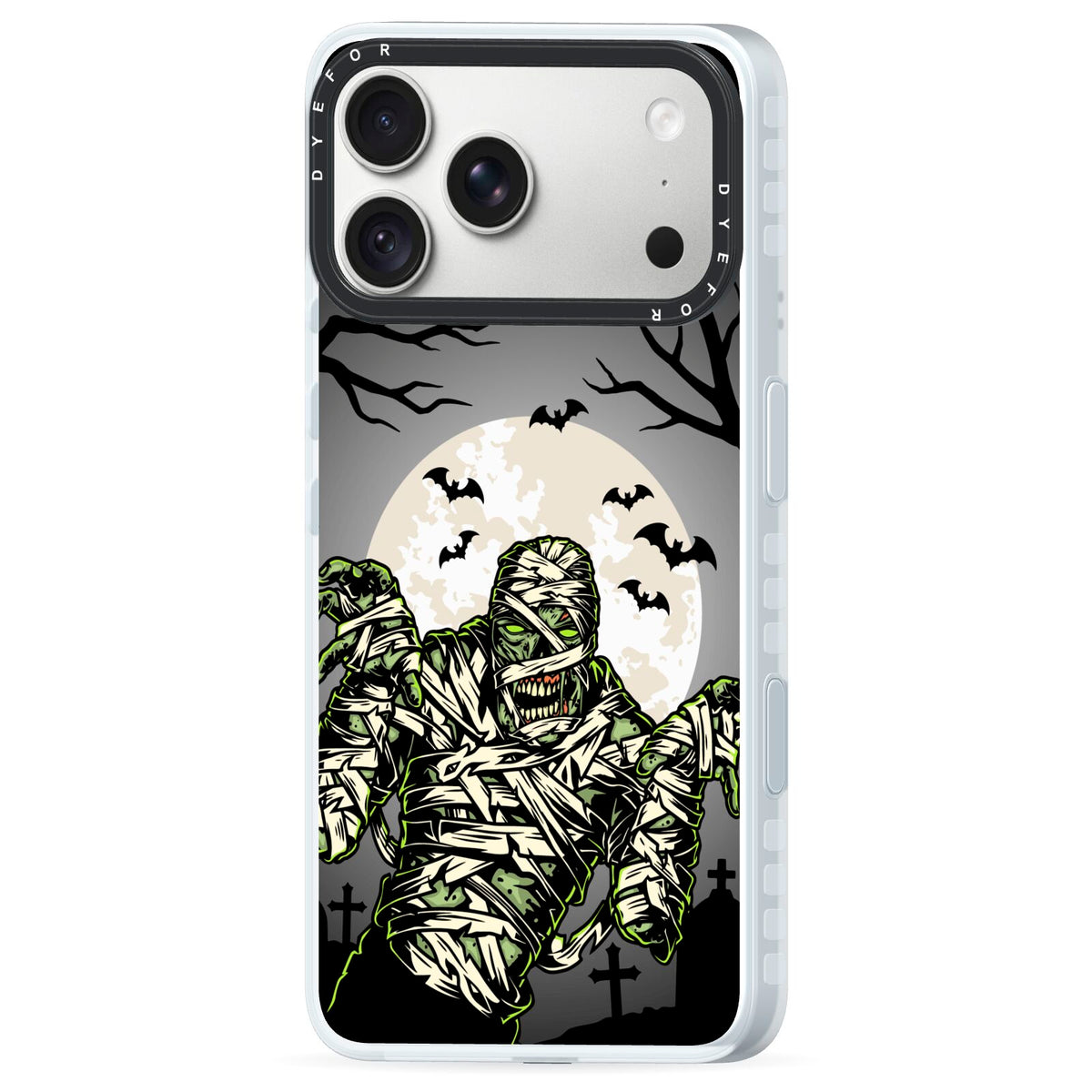 Halloween Mummy iPhone 18 Pro Black Impact Pre order Case Side Angle on Silver phone